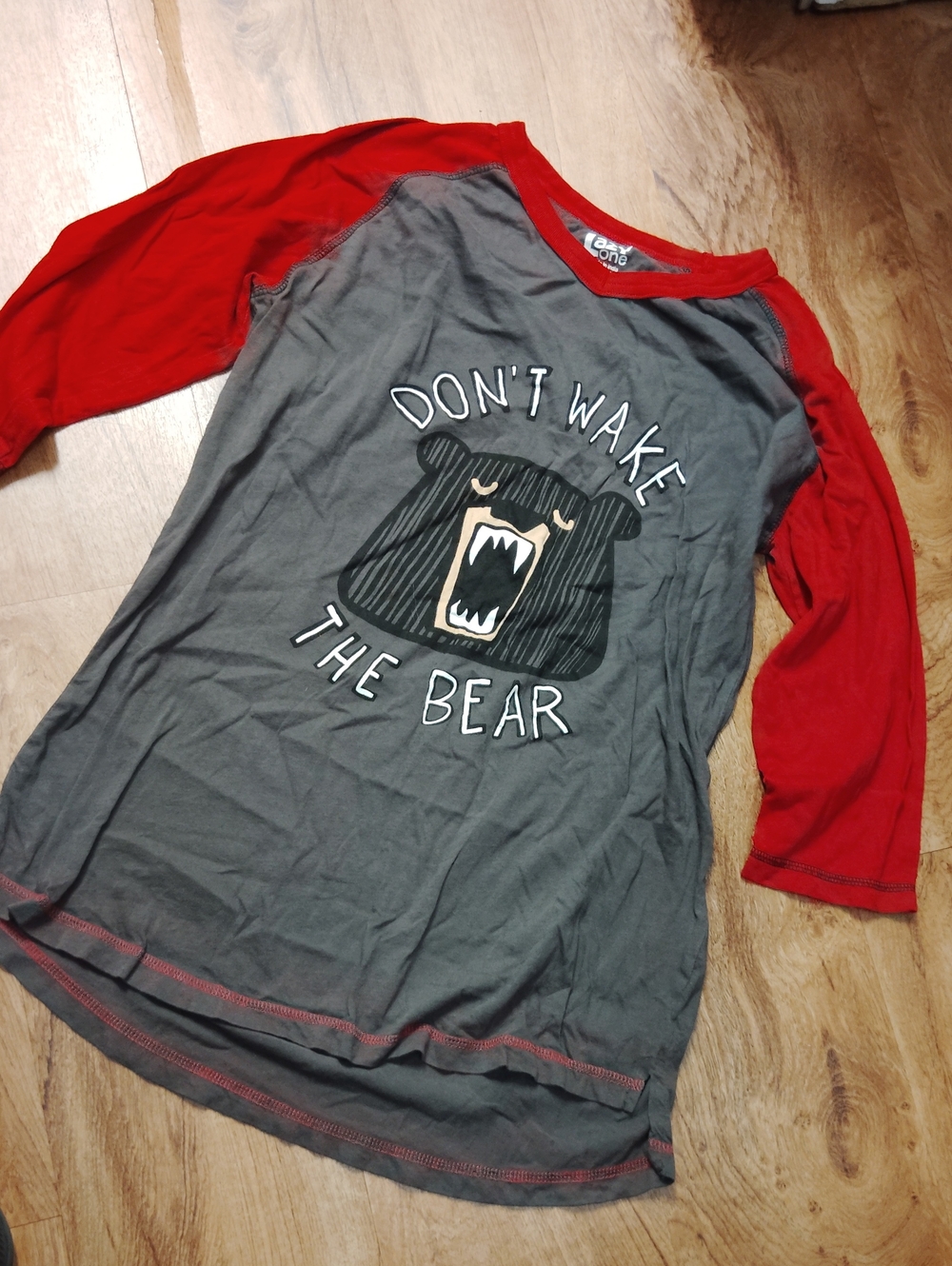 Lazy One Grey Shirt with Red Sleeves 'Don't Wake The Bear' Graphic